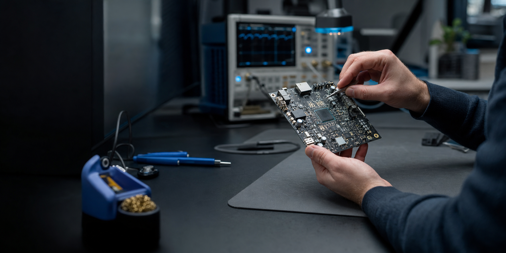 Engineer inspecting a custom circuit board in an electronics laboratory