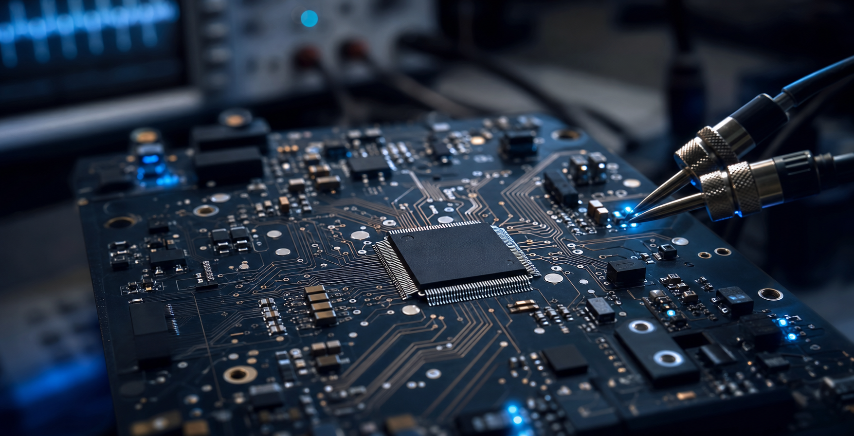 Microcontroller on a custom circuit board undergoing precision bench testing