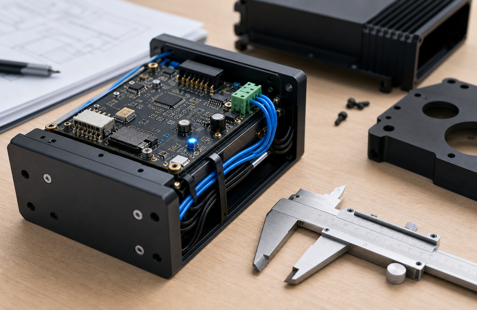 Electronic product prototype with custom enclosure and precision measuring tools
